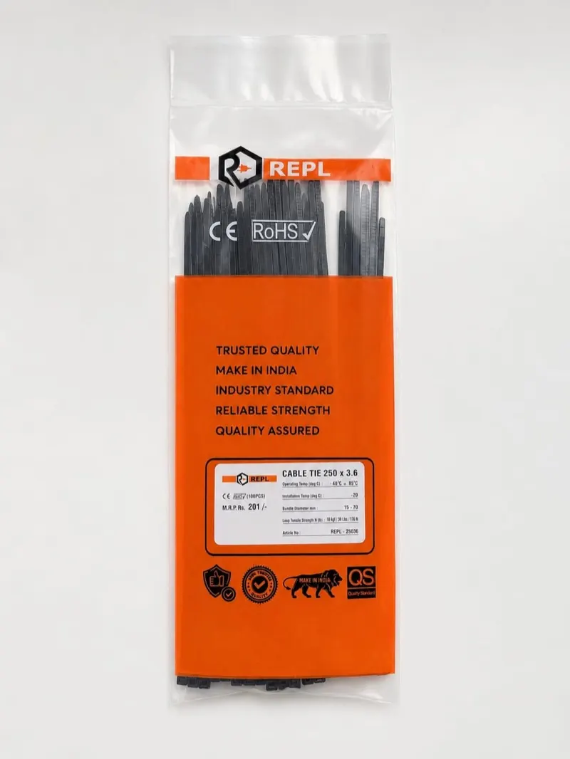Pack of 100 REPL natural black cable ties, 250 × 3.6 mm, with the size, temperatures, bundle diameter and tensile strength printed on the label.