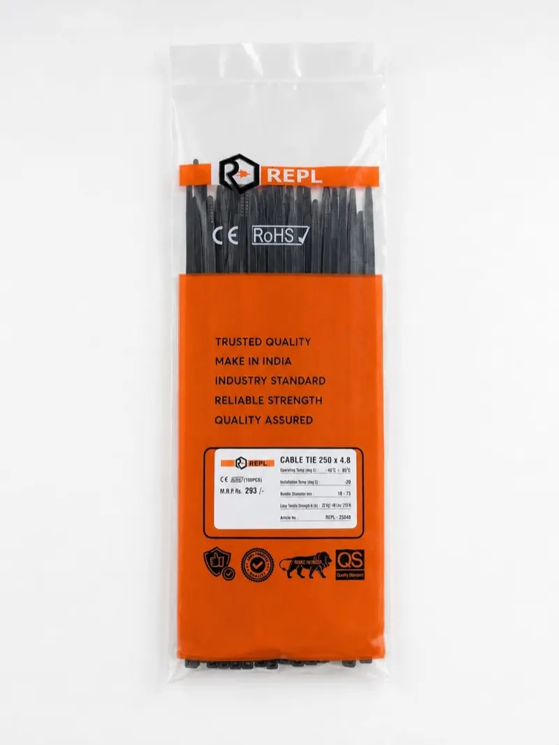 Pack of 100 REPL natural black cable ties, 250 × 4.8 mm.