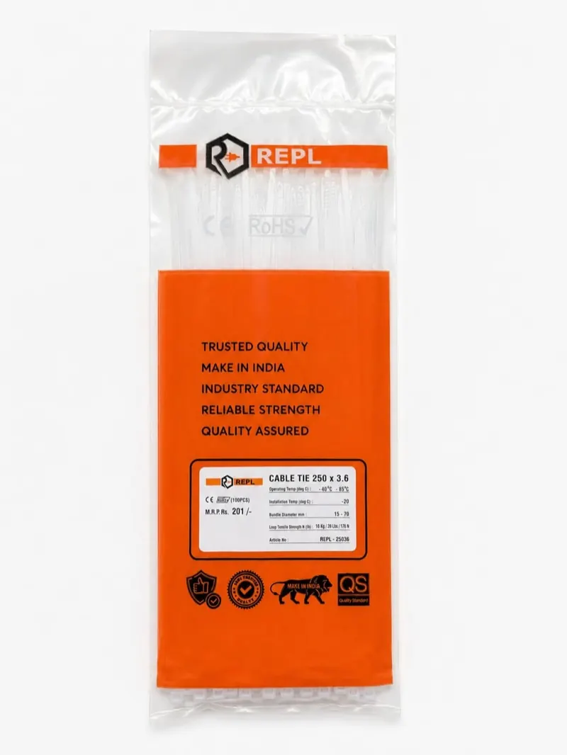 Pack of 100 REPL natural white cable ties, 250 × 3.6 mm.