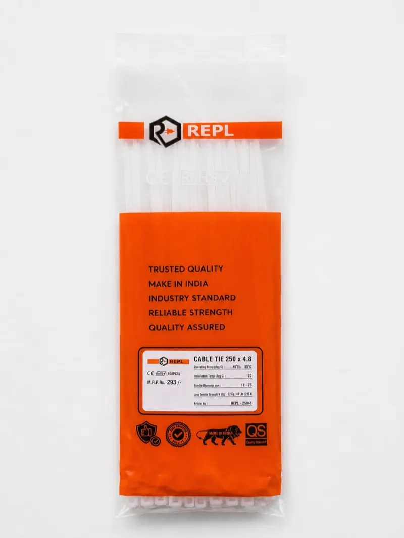 Pack of 100 REPL natural white cable ties, 250 × 4.8 mm.